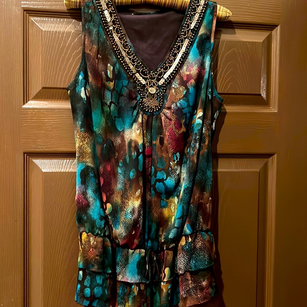 Zac and Rachel abstract animal print sleeveless top with beaded neck